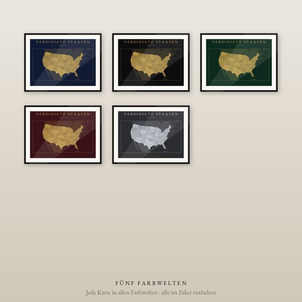 USA Karte Poster Luxus-Set, 5 Farbwelten mit Gold, 48 Bundesstaaten und Städte