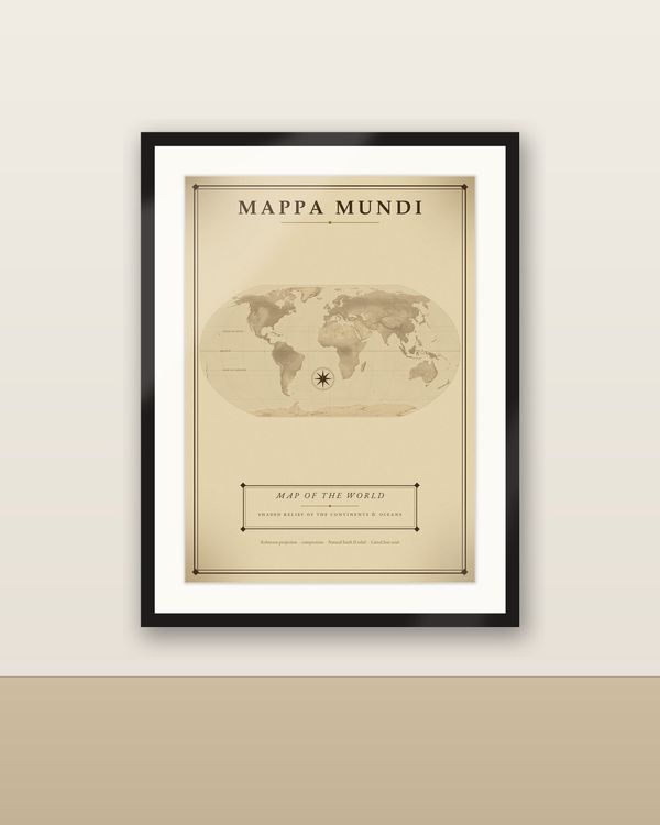 Vintage Weltkarte Poster, antike Sepia-Reliefkarte, Wandbild im Landkartenstil, 5 Sprachen