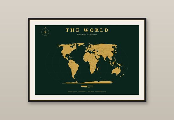 Weltkarte in wahrer Größe Poster, Equal-Earth-Projektion Smaragd & Gold Wandbild