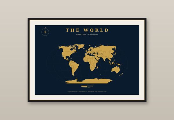 Winkel-Tripel Weltkarte Poster, Navy & Gold Wandbild, präzise Landkarte zum Drucken