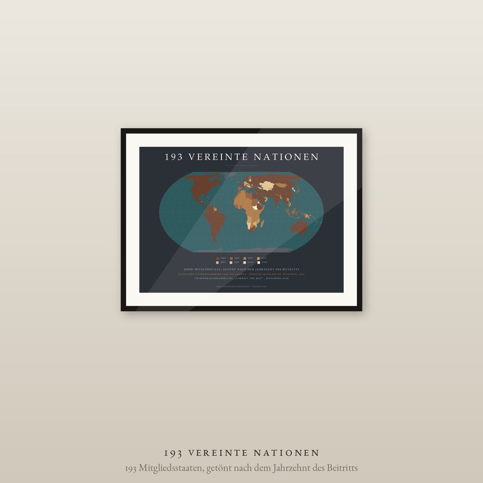 UN Weltkarte Poster, 193 Mitgliedsstaaten nach Beitrittsjahrzehnt, Equal Earth flächentreu