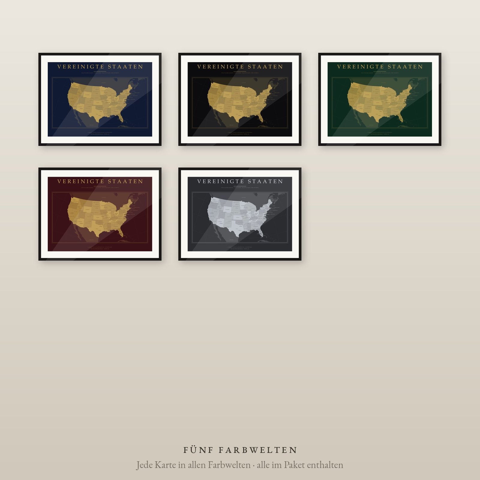 USA Karte Poster Luxus-Set, 5 Farbwelten mit Gold, 48 Bundesstaaten und Städte