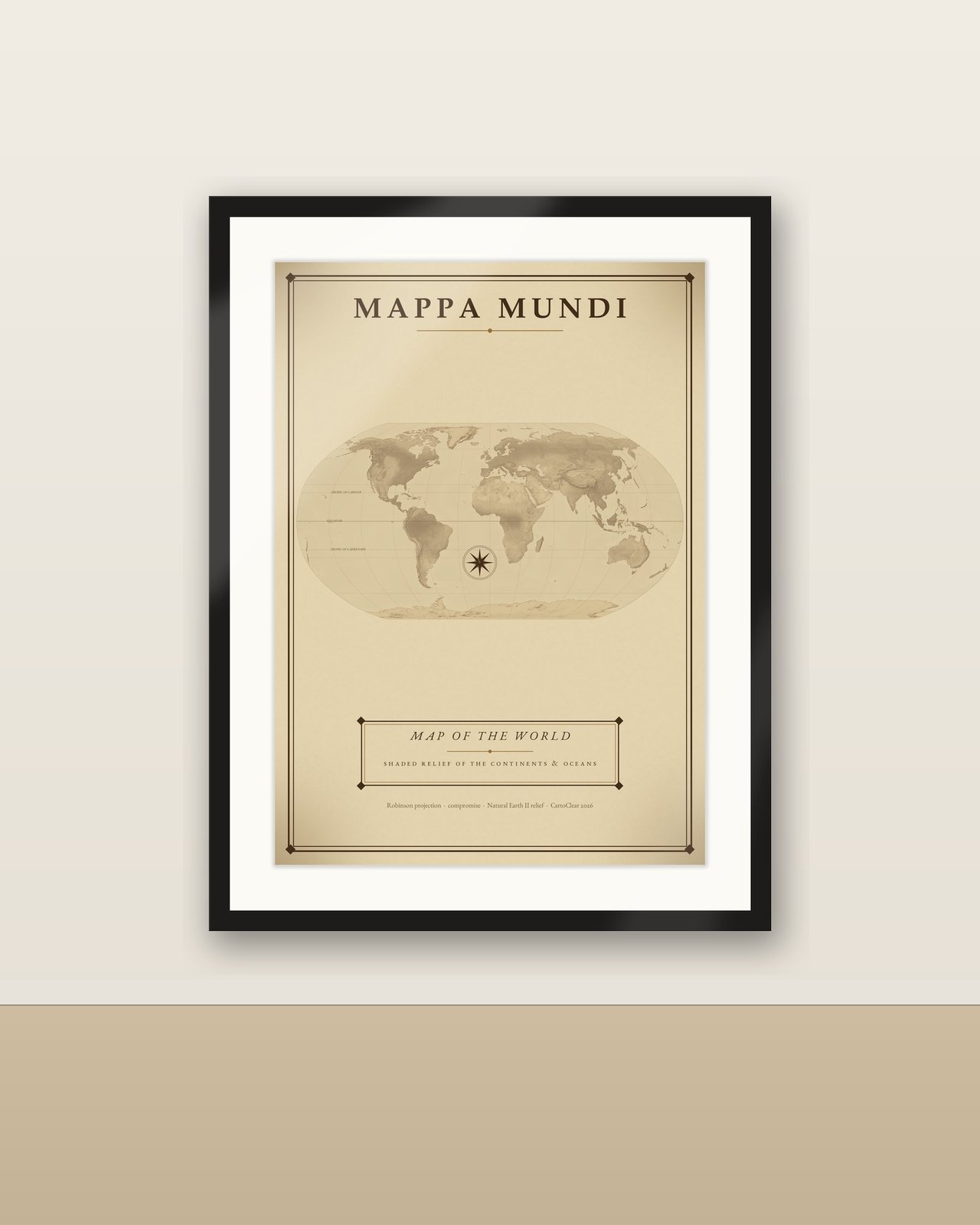 Vintage Weltkarte Poster, antike Sepia-Reliefkarte, Wandbild im Landkartenstil, 5 Sprachen