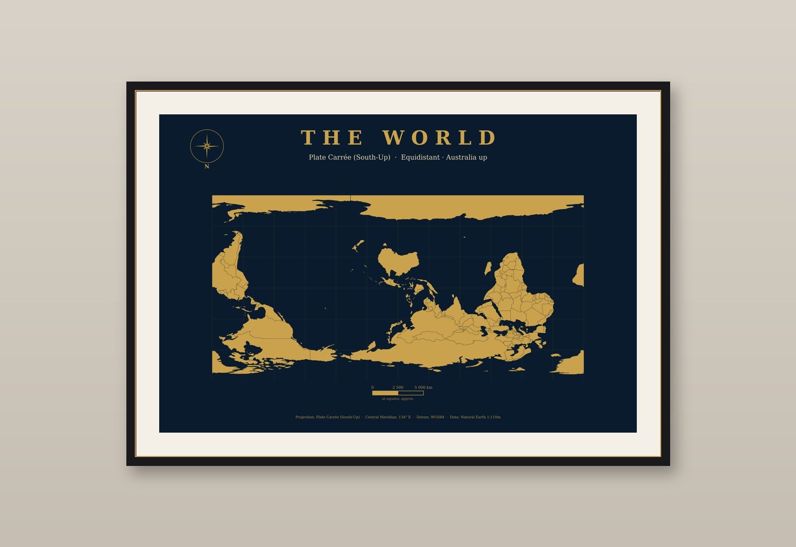 Weltkarte auf dem Kopf Poster, Süden oben, Navy & Gold Wandbild, Australien in der Mitte