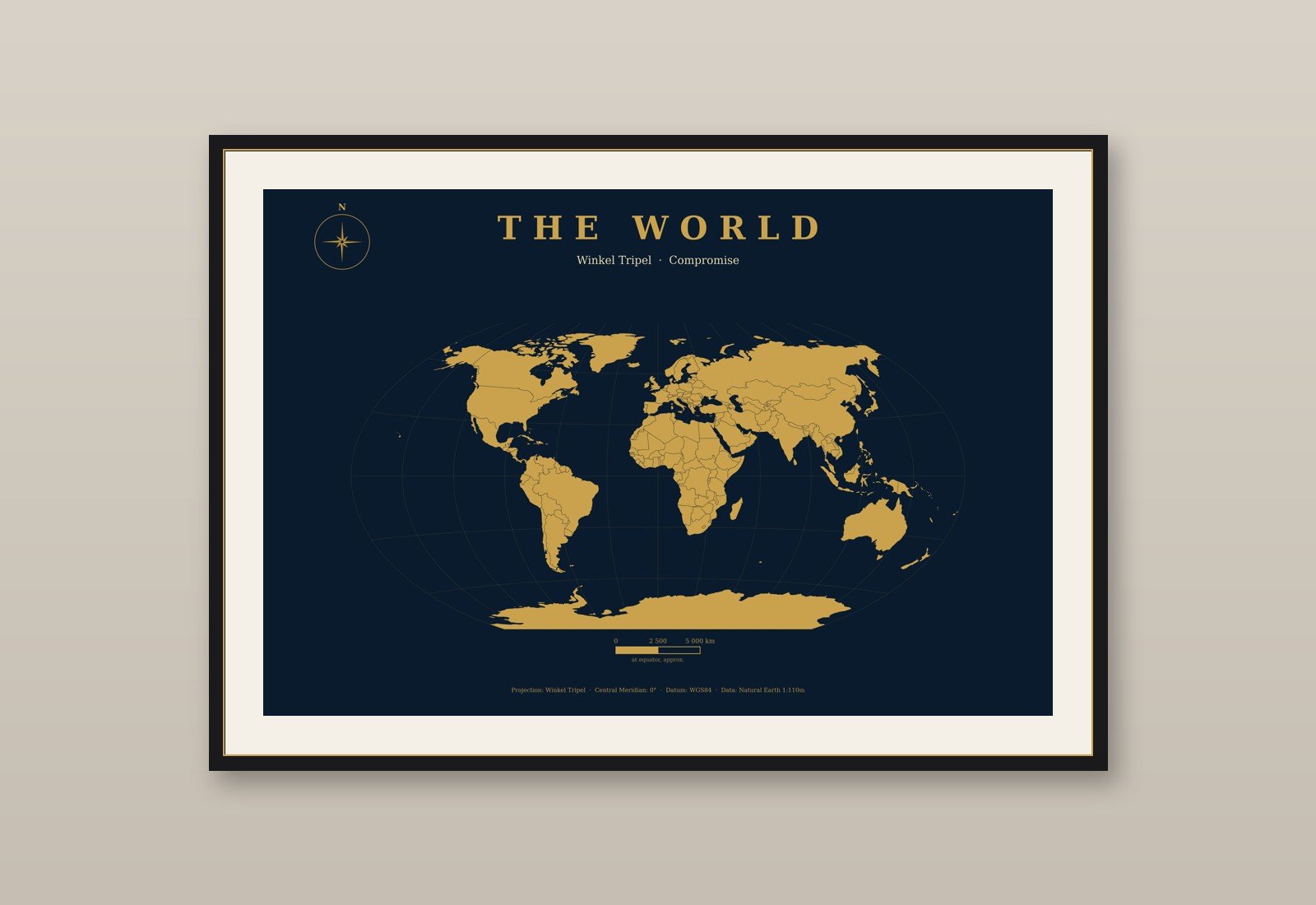 Winkel-Tripel Weltkarte Poster, Navy & Gold Wandbild, präzise Landkarte zum Drucken