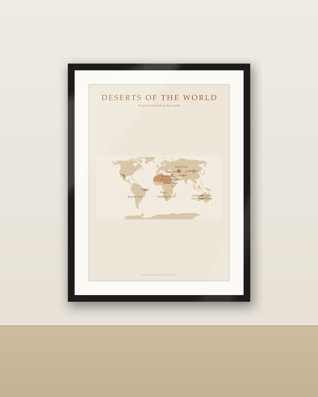 Wüsten der Welt Karte Poster, Boho Erdtöne, Sahara Gobi Atacama, Terrakotta Sand Wandbild